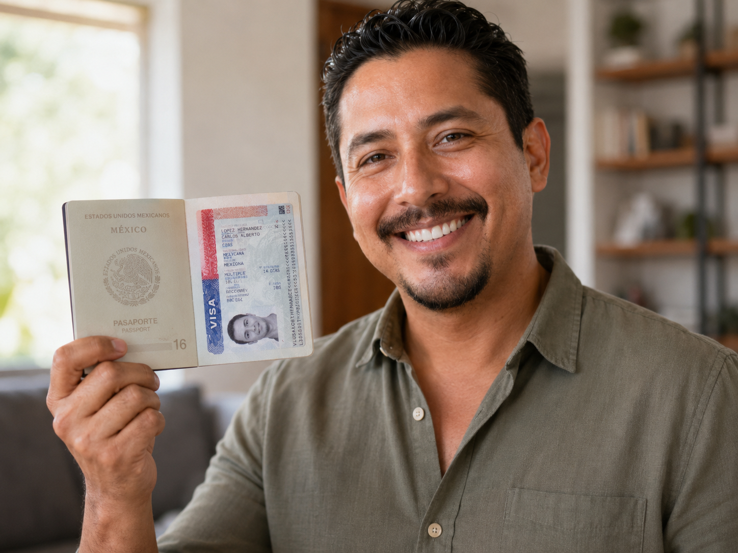 Mexicano feliz mostrando su pasaporte con visa americana aprobada